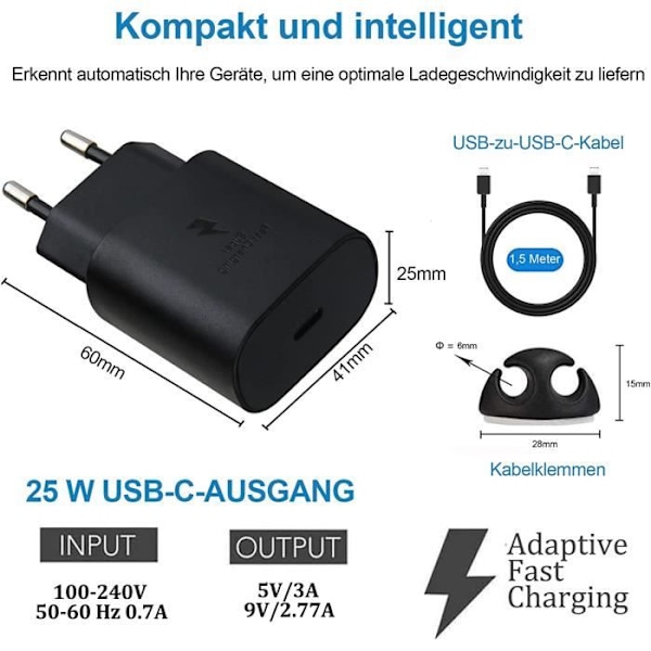 25W USB C snabbladdare, typ C ultrasnabbladdare med 1,5 m anoid USB C till C laddningskabel för Samsung Galaxy S108