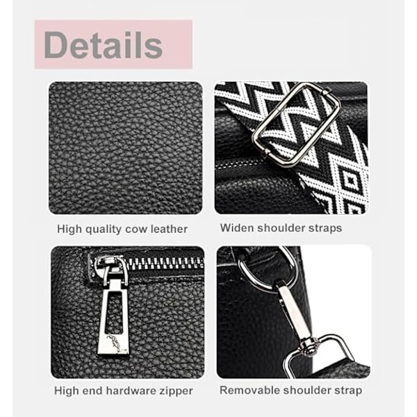 Äkta läder dam crossbody väska elegant handväska med 3 fack, justerbar och avtagbar rem