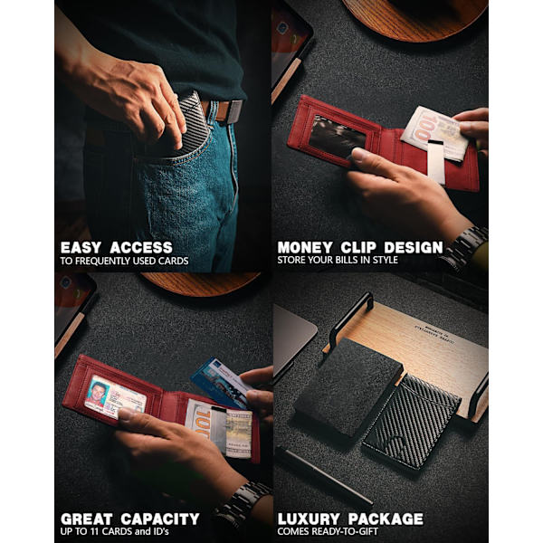 Röd plånbok för män, smal kreditkortshållare, läderplånbok med RFID-blockering, liten plånbok för män, tvådelad, minimalistisk presentask, kol, 7,8 x 11 x 1,2 cm