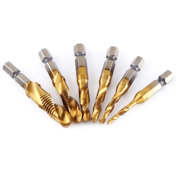 HSS borrbitsset sexkantskaft metriska gäng HSS borr- och gängbits för koppar plast trä aluminium 6st/set M3 M4 M5 M6 M8 M10