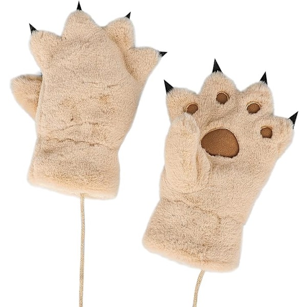Sjove bjørnehandsker til børn, kvinder, dyrepoter, luffer, pige, vinter, håndvarmer med snor, sød katteklo, kostume, julehandsker, khaki, ca. 9 tommer/23 cm