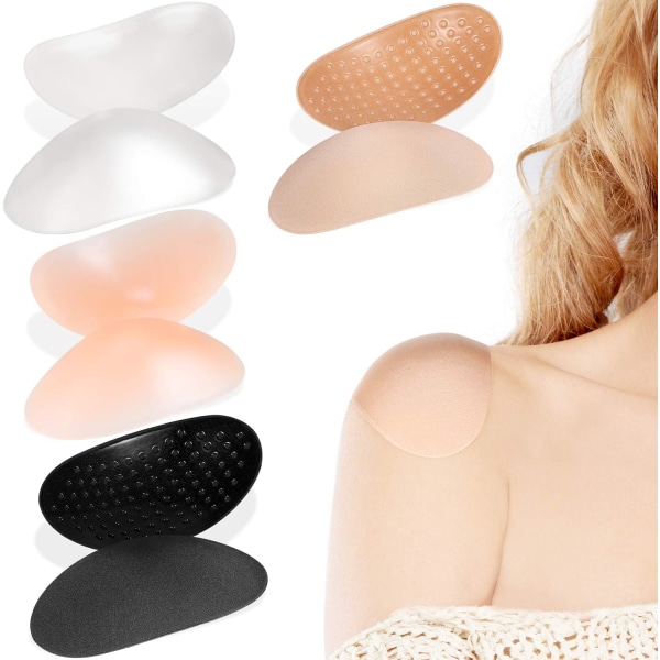 4 par bløde silikone skulderpuder med klæbemiddel - skridsikre skulderpuder til kvinder (sort, hudfarvet, transparent, transparent hudfarvet)