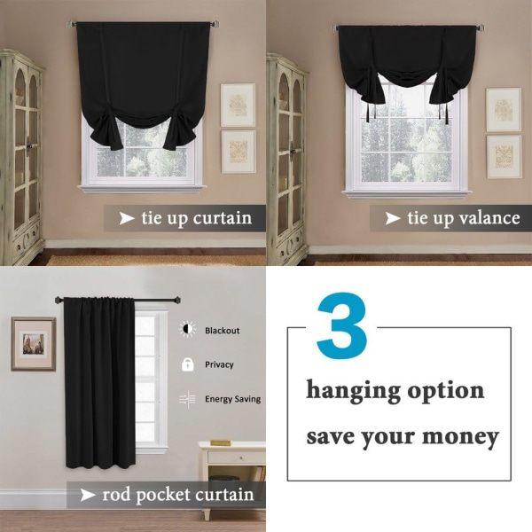 Blackout Curtain for Bathroom Windows Adjustable Tie Up Shade/Bla