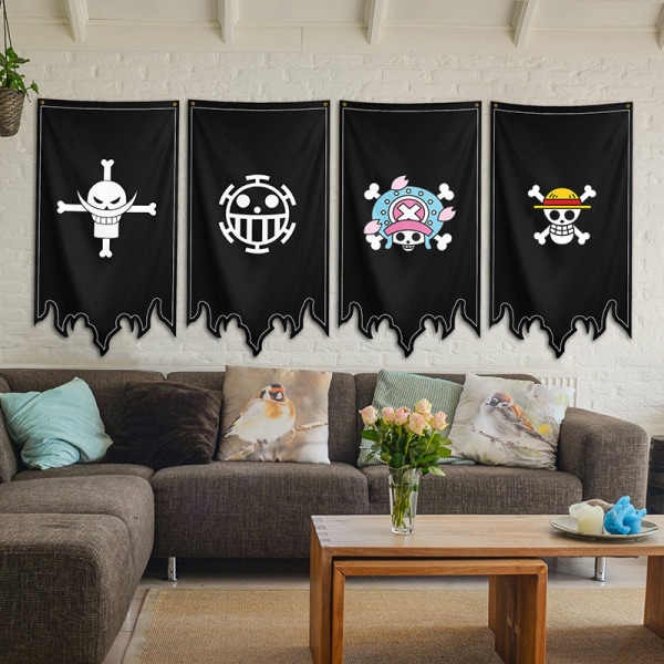 4-delt banner Anime-flagg Luffy Pirate Legion Banner veggdekorasjon gutter soverom