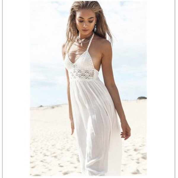 Kvinnors strand virkade rygglös Boho Halterneck klänning VIT M