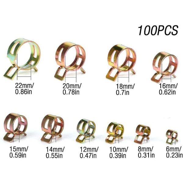 Jousiletkujen kiristin, bensiiniletkujen kiristin, 100 kpl letkunkiristintä, jousiletkun kiristintä säilytyslaatikolla (6-22 mm, koko 10)