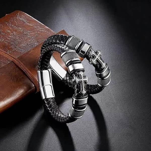 Herrearmbånd i læder, flettet læderarmbånd, kors, åbent armbånd