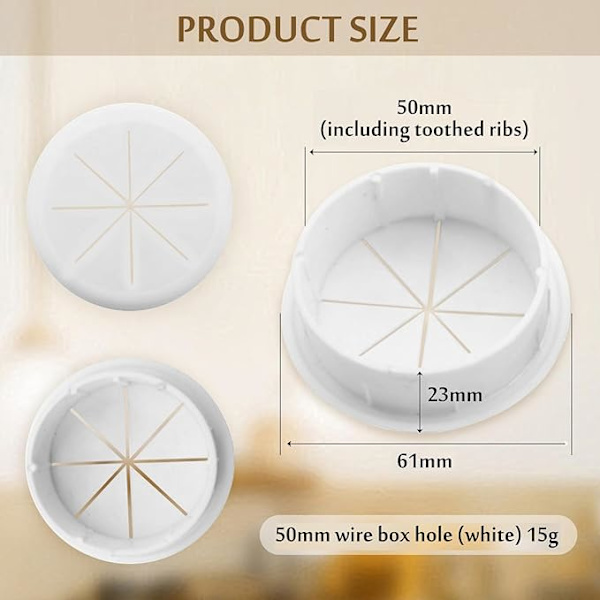 4 kabelkanaler, kabelkanaler, kabeldæksel kompatibelt med 50 mm rundt kabel, kabelhul dæksel, hvide gummikabelgennemføringer kompatible med kontor, computerbord,