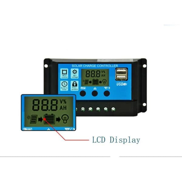 PWM solcellepanel-laderegulator, 12V/24V, 30A, LCD-display, dobbelt USB-port