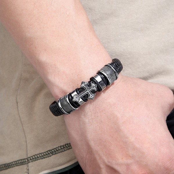 Herrearmbånd i læder, flettet læderarmbånd, kors, åbent armbånd