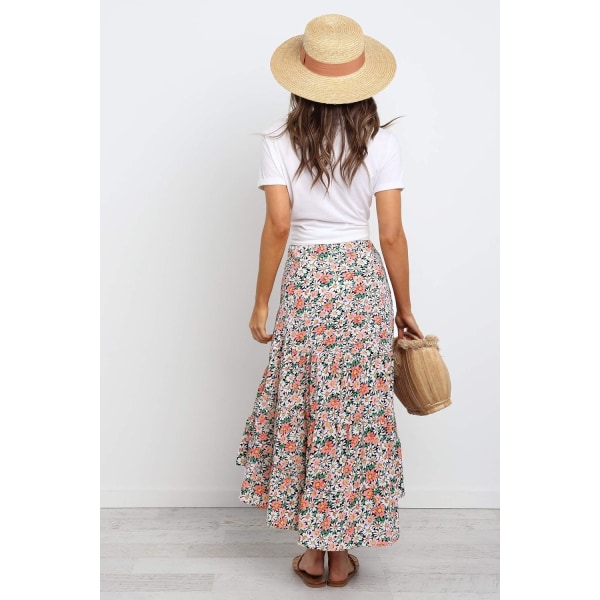 Kvinnors hög midja blommig midi boho elastisk hög midja kjol slits A-linje fl