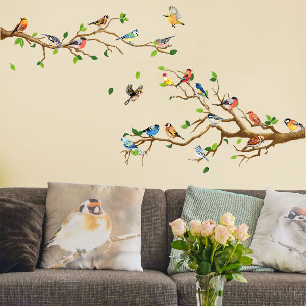 Kolibrin oksalla seinätarra, vihreä lehti ja lentävä lintu DIY