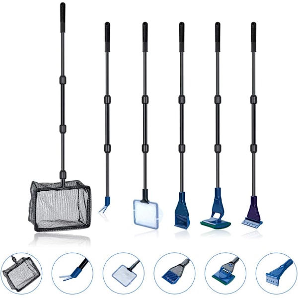 6 i 1 Akvarie Rengøringssæt med Fiske Net, Landing Net, Grus Rake, Plante Clip, Squeegee, Svampe og Connector (6 i 1)