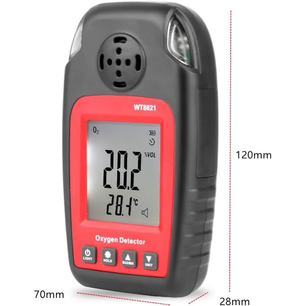Gassdetektor, Oksygendetektor WT8821 0~25% VOL Bærbar Oksygen Tester Analysator O2 Detektor LCD-skjerm, for Arbeid og Hjem