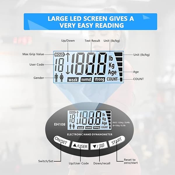 264 lb/120 kg Handhållen digital dynamometer - Stor LED-display - med USB C