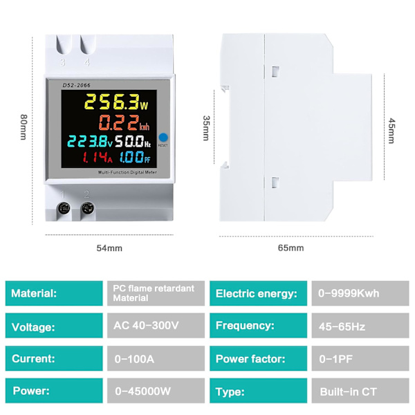 Energimåler Enfase Din Skinne Elektrisk Måler KWH Måler AC40-300V 100A, Strøm Elektricitet Volt Amp Watt Forbrug Voltmeter Amperemeter, med CT
