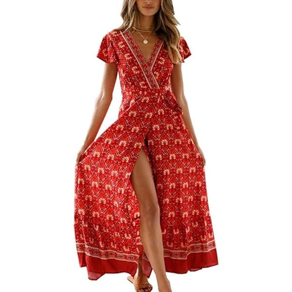 Kvinders Boho Sommer Side Slit Dyb V-hals Kort Ærme Lang Nederdel Bælte，XL