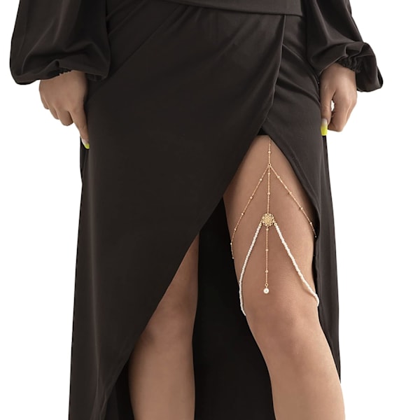 Sexy Pearl Thigh Chain Elastic Beaded Leg Chain Metal Tassel Multi-layer Le