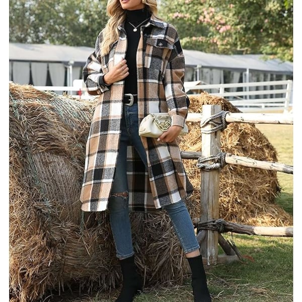 Kvinders Casual Lapel Knap Ned Langærmet Flannel Ternet Shacket Lang Shi