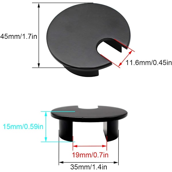 Kabeldeksel for skrivebord, 2 stk. kabelhulldeksel, sinklegering hulldeksel, svart 35 mm rundt hulldeksel, egnet for datamaskiner, spisebord