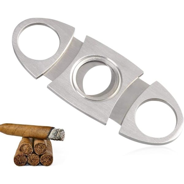 1 stk. rustfrit cigar-cutter i rustfrit stål, dobbeltbladet cigar-cutter, cigar-cutter i rustfrit stål til de fleste cigarstørrelser, sølv