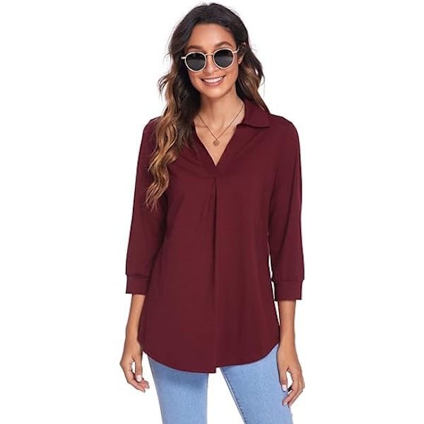 Kvinnors Kragad V-hals 3/4 Ärm Skjortor Business Casual Toppar Lösa Arbetsblusar WINE RED  XL