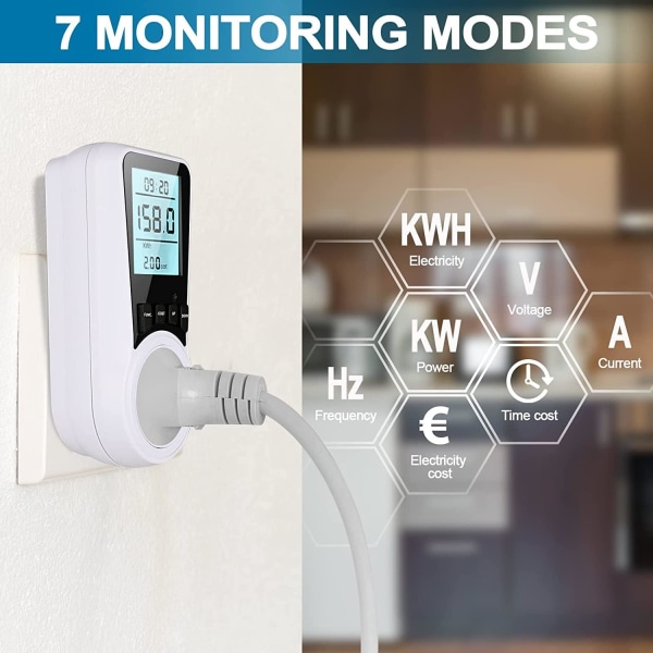 Virtapistokkeen energiankulutusmittari, 7 seurantatilaa ja taustavalaistu LCD-näyttö, ylikuormitussuoja energiansäästöön, 3680 W MAX