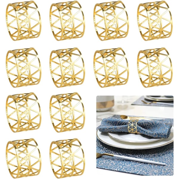 Pakkauksessa 12 lautasliinarengasta kultaiset ontto lautasliinarenkaat metallinen lautasliina