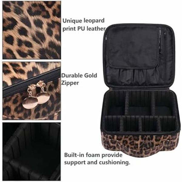 Makeup Taske Rejsetaske Toilettaske Leopard PU Læder Makeup Taske Organizer med Justerbare Skillevægge Kvinders Toilettaske