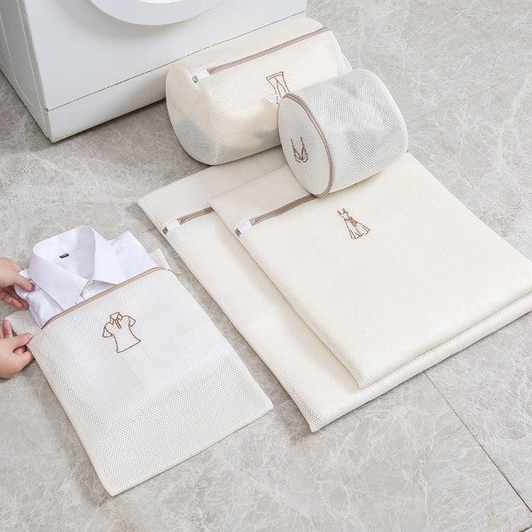 Sett med 6 mesh vaskeposer, mesh vaskeposer, beige
