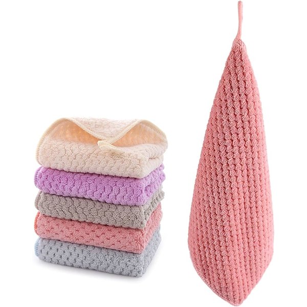 Små handdukar med hängande ögla, 25*25cm handdukar, superabsorberande mjuka handdukar med hängande ögla, set om 5, beige rosa grå blå lila