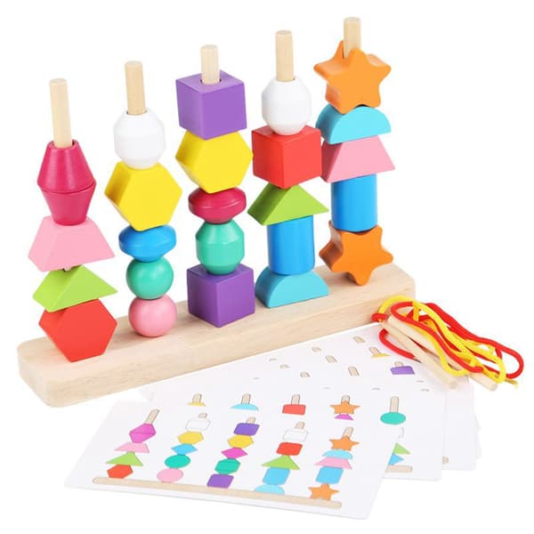 Träsorteringsspel i trä, staplingsblock & snörpärlor &