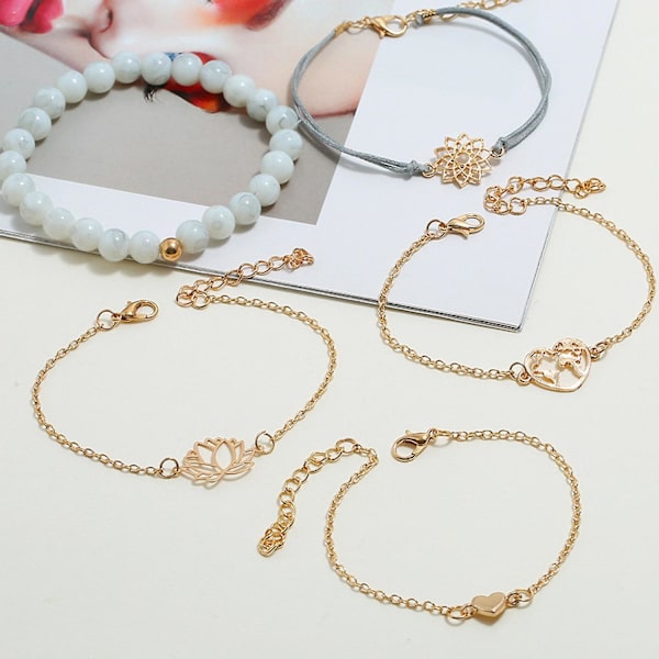 5 stk. armbånd til kvinder, hule lotus-smykker, justerbare, lyse glans