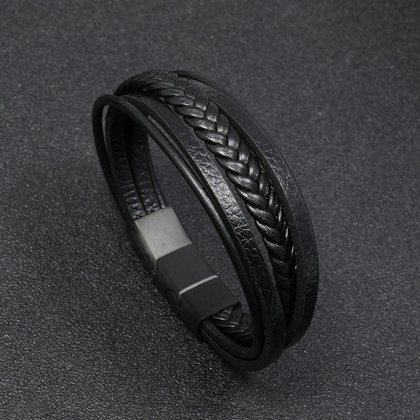 Flettet læderarmbånd til mænd - Sort
