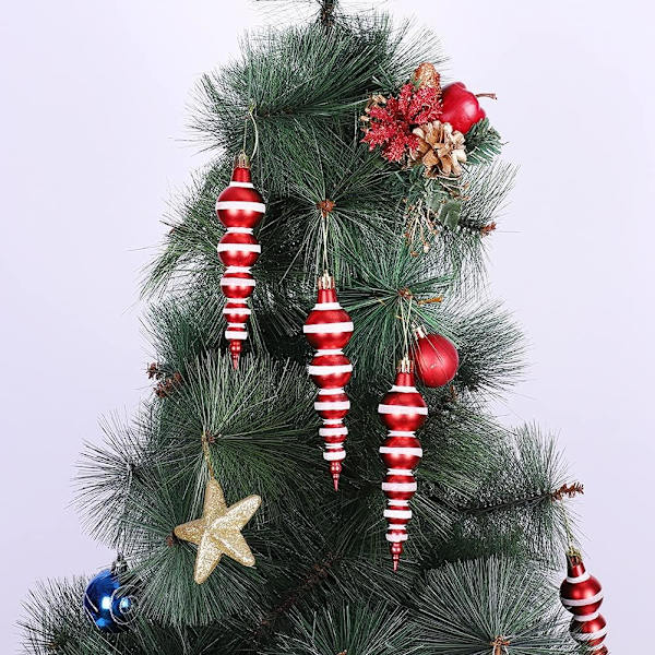 Julgransprydnader, 6 stycken röda och vita istappformade julgranshängen, 14 cm glitteristappar