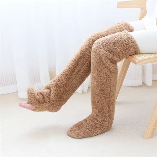 1 par Over Knee High Fuzzy Socks Plush Slipper Strømper Furry Lange Benvarmere