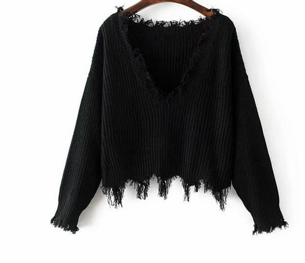Kvinde løs langærmet V-hals Ripped Pullover Strik Sweater Crop Top sort