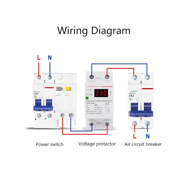 Spændingsregulator, 230V 40A Automatisk Genopretning Overspændings- og Underspændingsbeskyttelsesenhed DIN-Skinnemonteret Beskytter