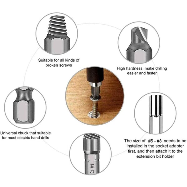 22-delt sæt til udtrækning af beskadigede skruer, bitsholder og værktøj til fjernelse af knækkede bolte fra rodfæstede skruetrækkere med magnetisk bitholder og sokkeladapter