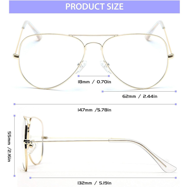 Aviator klare linser briller uden recept Metalramme til kvinder