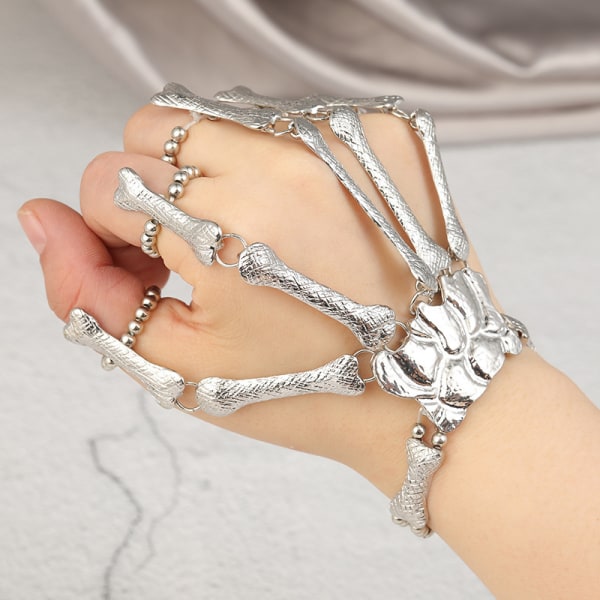 Halloween handledsskelett armband med ring i metall för kvinnor och män på fest (silver)