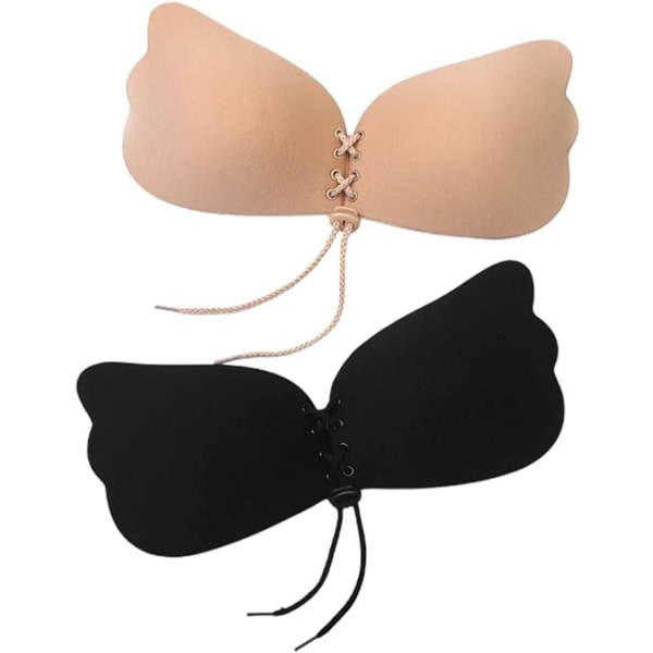 2 Strapless BH för kvinnor, självhäftande BH, beige, svart, push-up BH