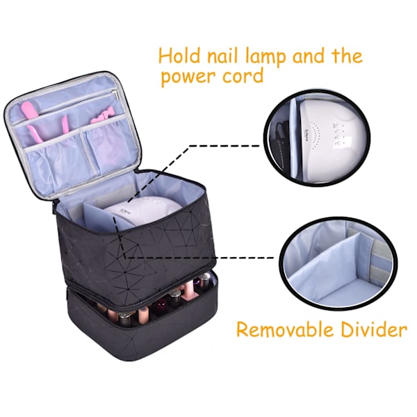 Neglelak Organizer Taske Neglelak Organizer Taske, Dobbelt-Lag Neglelak Opbevaring og Negle Tørrer Etui, Holder 30 Flasker (15 ml) (Sort)