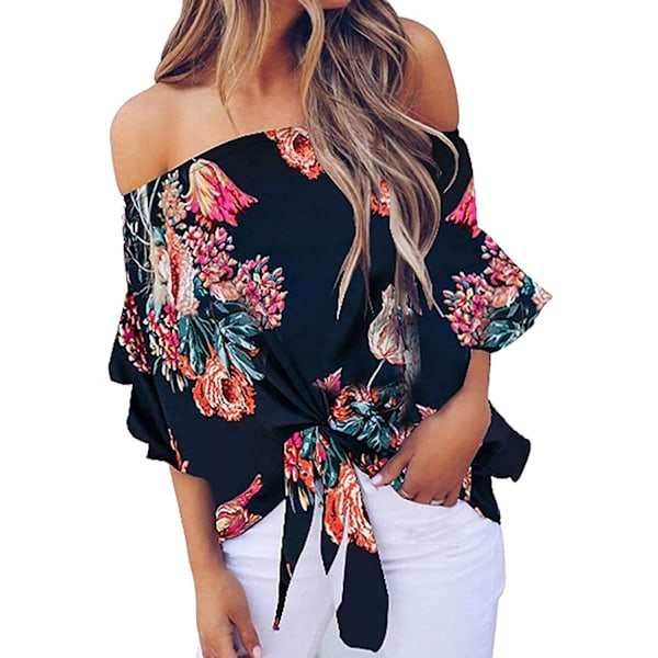 Kvinnors randiga off-the-shoulder toppar 3/4 klockad ärm knut casual blusar