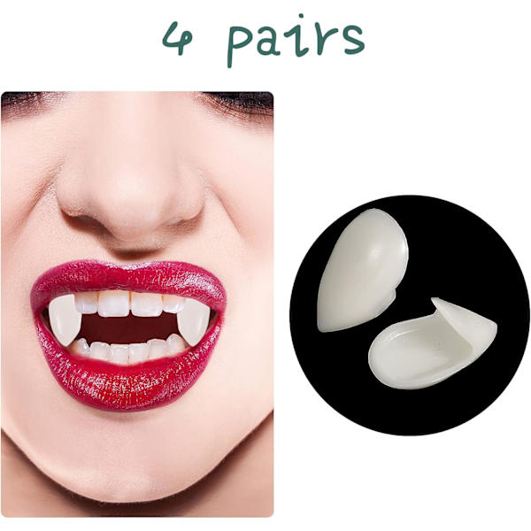 4 par vampyrtänder proteser med tandpiller för cosplay rekvisita halloween, vit (13mm)