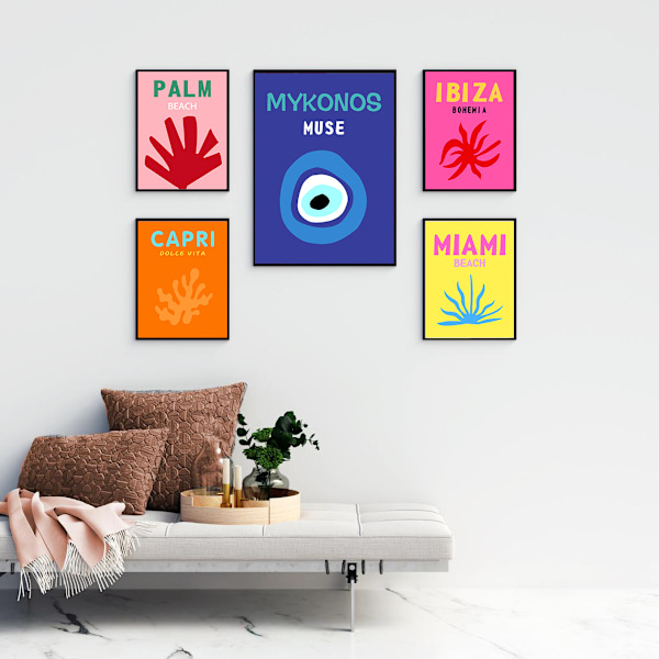 Set med 6 estetiska resekonsttryck på canvas, affischer och väggkonsttryck, färgglad väggkonst, minimalistisk inredning (orammad, 20x25cm)