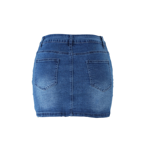 Kvinners knapp foran denim kort skjørt med sidelomme XXL BLÅ