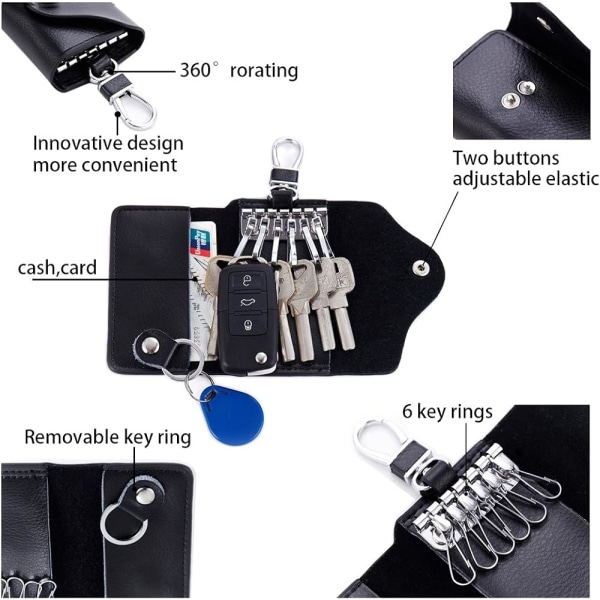 Nahkainen avaimenperä, lompakko, nahkainen avainkotelo, nahkainen avaimenperäpussi autoavaimenperällä, kuuden avaimen koukkukotelo korttipidikkeellä - Musta
