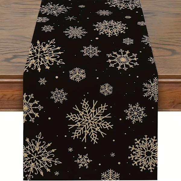 Svart guld jul bordslöpare snöflinga bordsduk tvättbar säsongsbetonad vinter modern linne bordslöpare för fest semester kök matbord deco