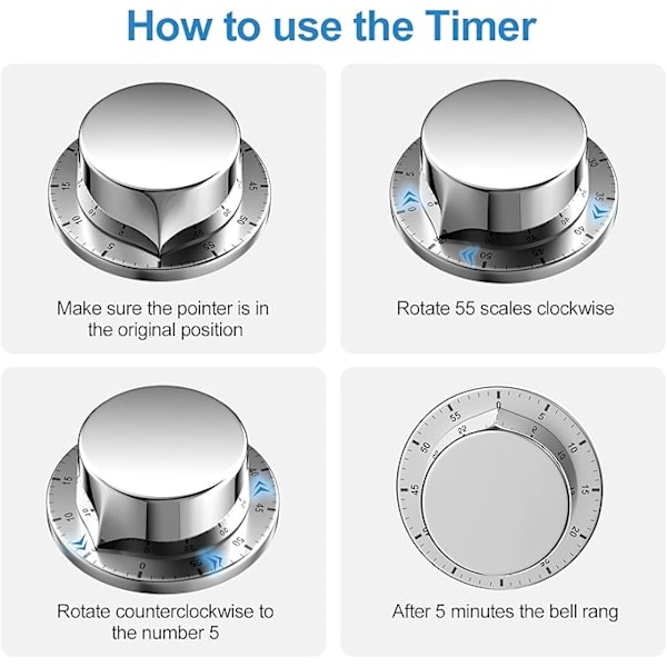 Mekanisk kökstimer, adsorberbar magnetisk timer, återanvändbar vattentät timer i rostfritt stål, 60 minuters nedräkning, lämplig för kokta ägg, kakor